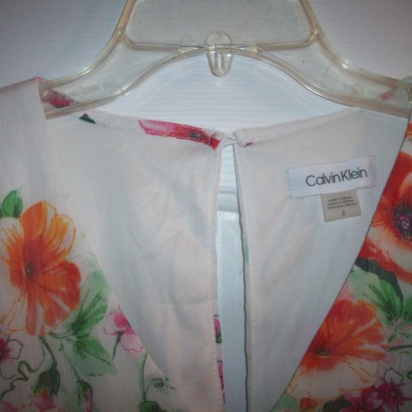 Calvin Klein Womens Dress 8 White Colorful Watercolor Floral Flowy Lined Casual - Picture 2 of 14
